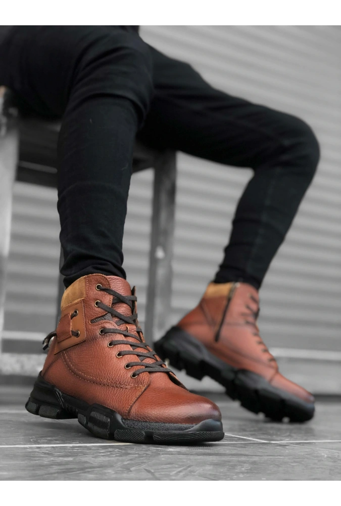 Shoecide Sb0184 İçi Dışı Hakiki Deri Taba Erkek Fermuarlı Yarım Bot
