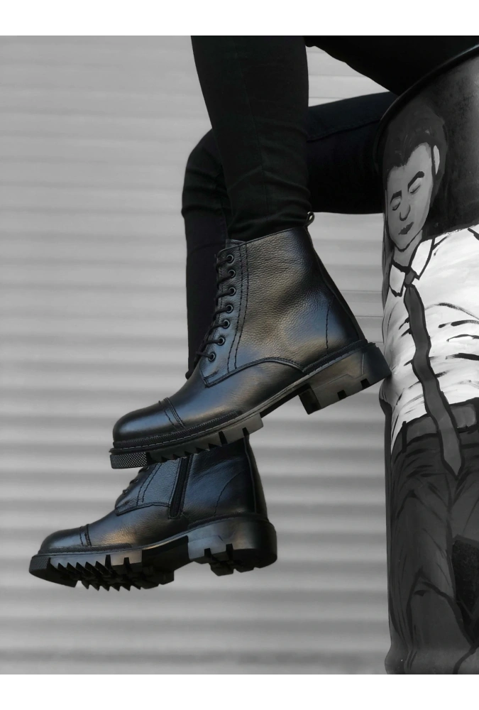 Shoecide Sb0187 İçi Dışı Hakiki Deri Siyah Erkek Fermuarlı Yarım Bot