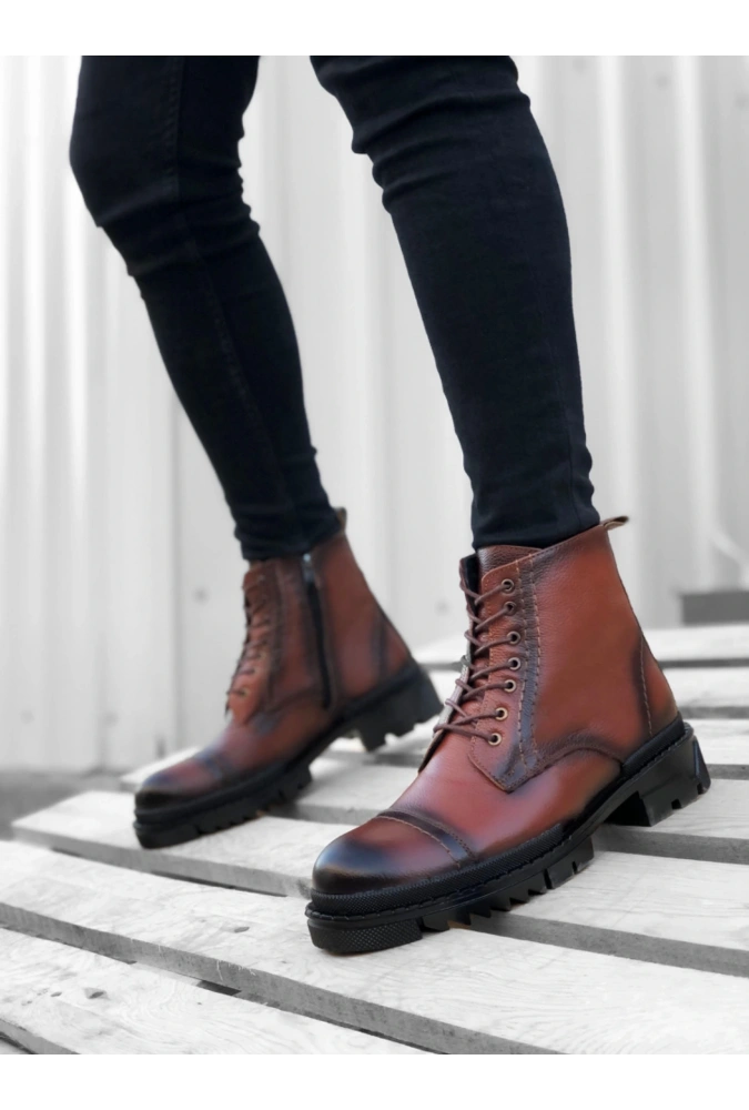 Shoecide Sb0187 İçi Dışı Hakiki Deri Taba Erkek Fermuarlı Yarım Bot