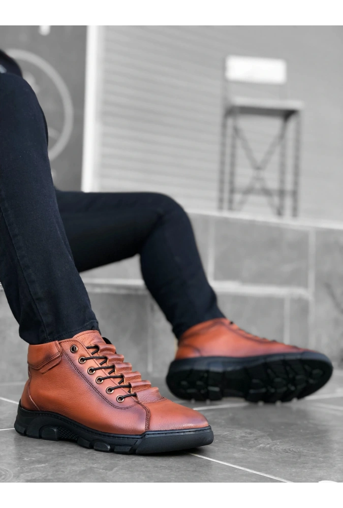 Shoecide Sb0213 Gizli Bağcıklı Hakiki Deri Taba Erkek Yarım Bilek  Bot