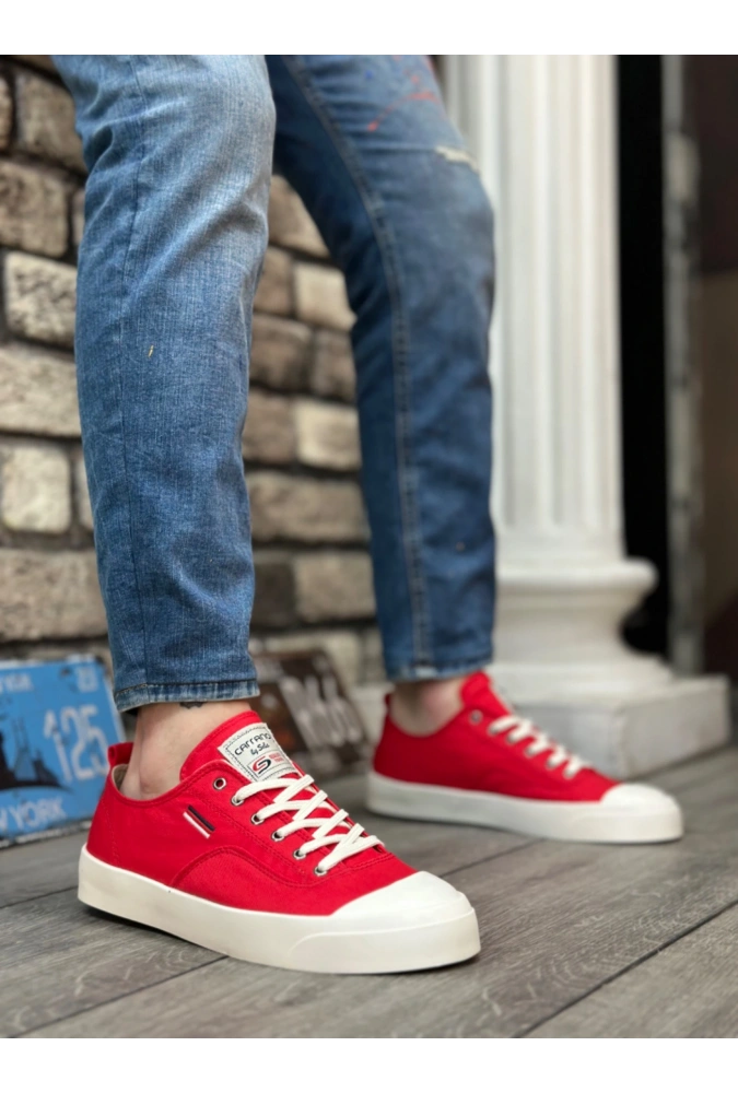 Shoecide Sb0223 Boa Rahat Düz Taban Keten Bağcıklı Kırmızı Günlük Erkek Ayakkabı