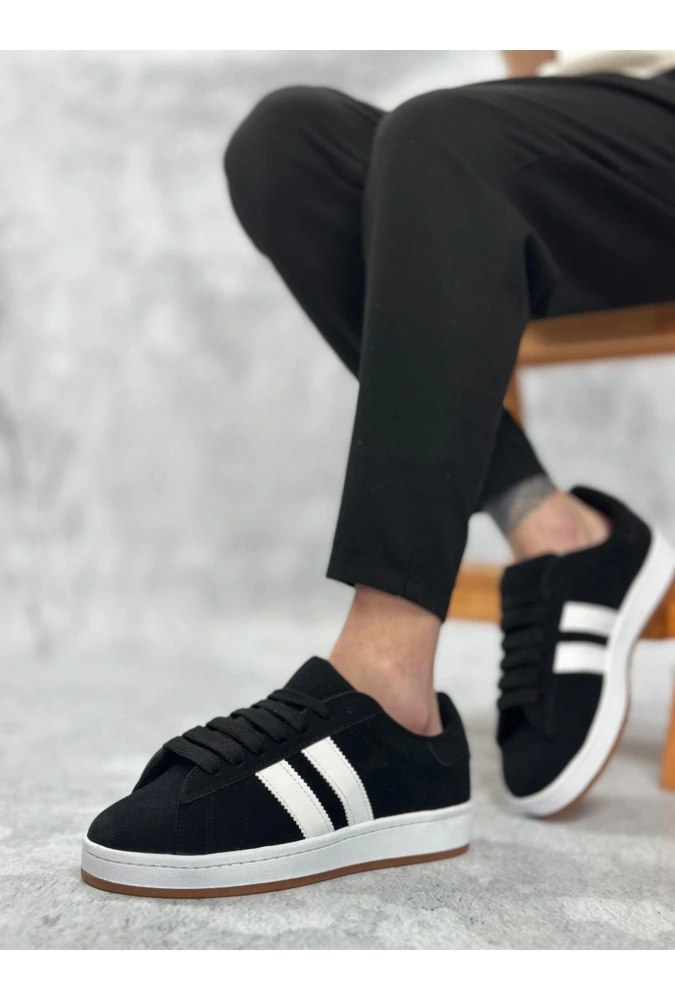 Shoecide Sb0235 Boa İki Çizgili Siyah Süet Erkek Günlük Ayakkabı