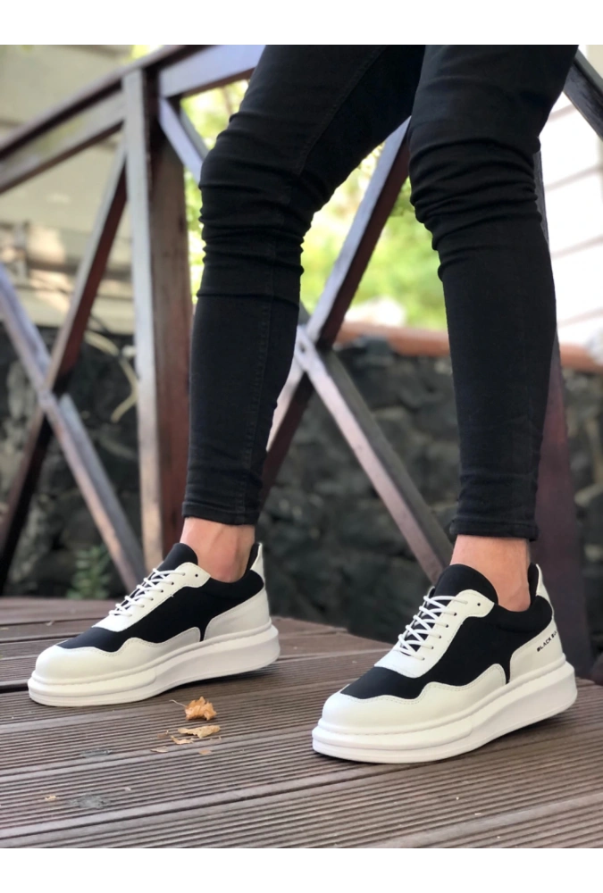 Shoecide Sb0238 Boa Yüksek Taban Beyaz Siyah Bağcıklı Erkek Ayakkabı
