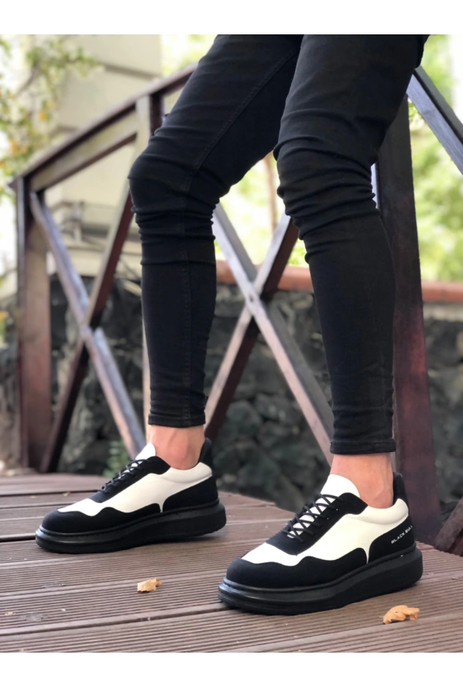 Shoecide Sb0238 Boa Yüksek Taban Siyah Beyaz Bağcıklı Erkek Ayakkabı