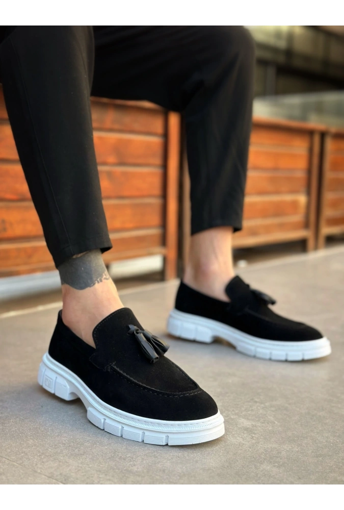 Shoecide Sb0240 Klasik Parlak Püsküllü Süet Siyah Beyaz Taban Erkek Ayakkabı