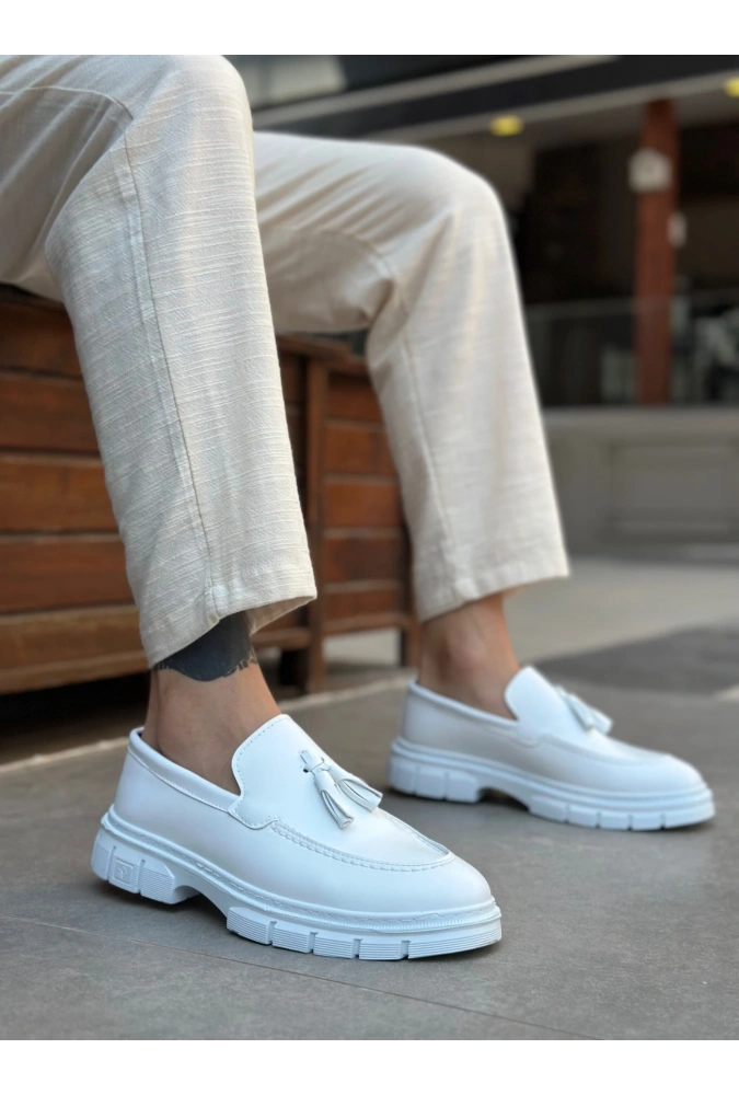 Shoecide Sb0240 Yüksek Taban Klasik Parlak Püsküllü Beyaz Erkek Ayakkabı