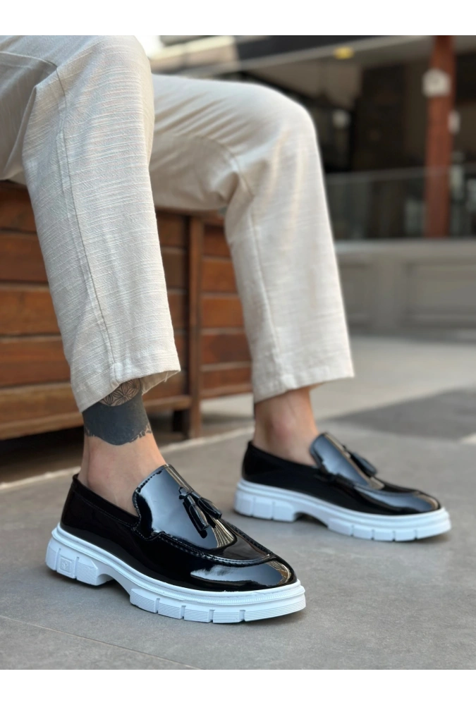 Shoecide Sb0240 Yüksek Taban Klasik Parlak Püsküllü Rugan Siyah Erkek Ayakkabı