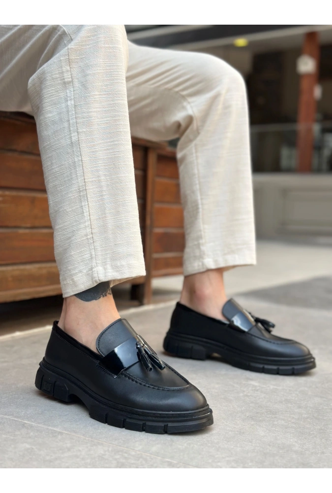 Shoecide Sb0240 Yüksek Taban Klasik Parlak Püsküllü Siyah Taban Erkek Ayakkabı