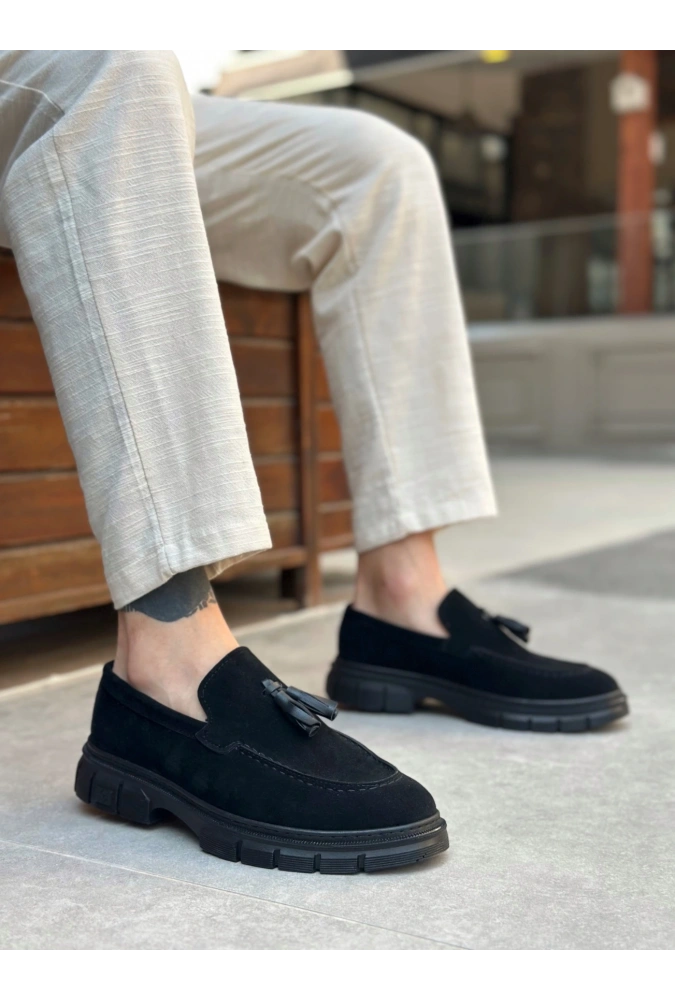 Shoecide Sb0240 Yüksek Taban Klasik Parlak Püsküllü Süet Siyah Erkek Ayakkabı