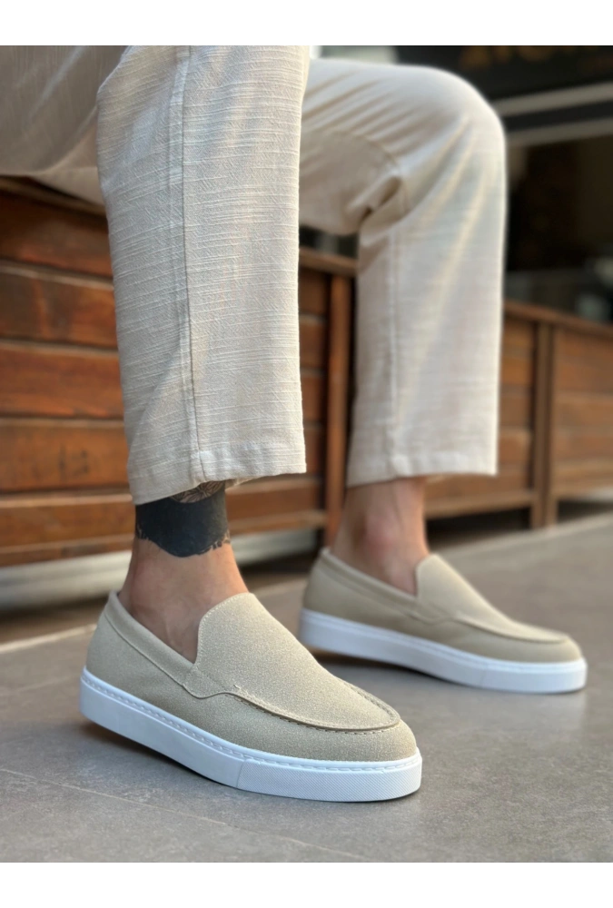 Shoecide Sb0241 Bağcıksız Yüksek Taban Bej Süet Erkek Ayakkabı