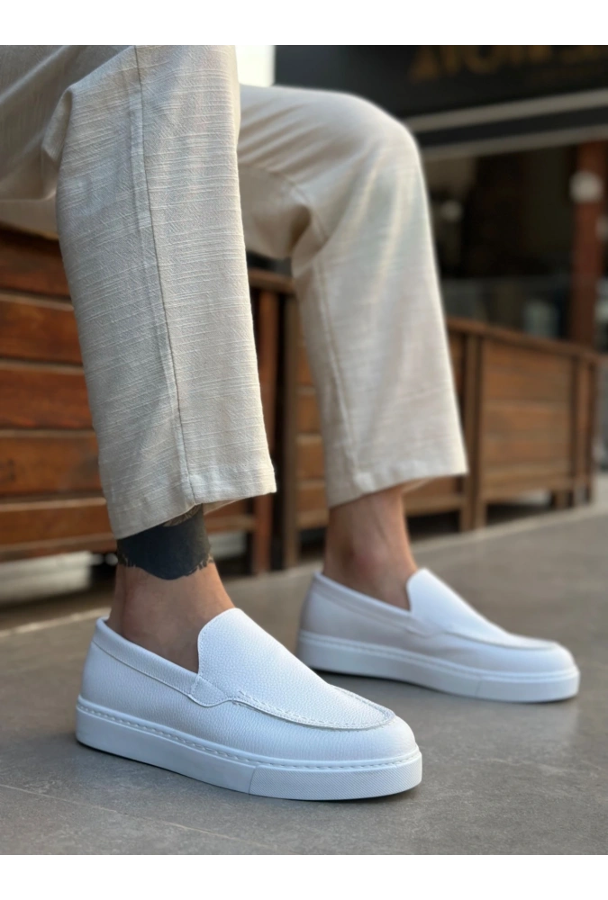 Shoecide Sb0241 Bağcıksız Yüksek Taban Beyaz Cilt Erkek Ayakkabı