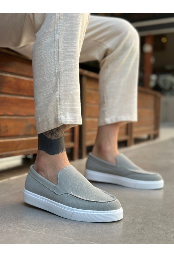 Shoecide Sb0241 Bağcıksız Yüksek Taban Gri Süet Erkek Ayakkabı