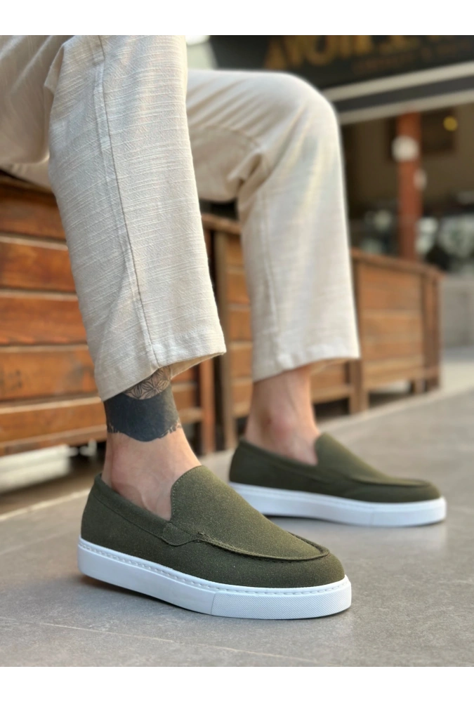 Shoecide Sb0241 Bağcıksız Yüksek Taban Haki Süet Erkek Ayakkabı