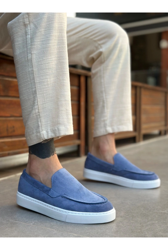 Shoecide Sb0241 Bağcıksız Yüksek Taban Mavi Süet Erkek Ayakkabı