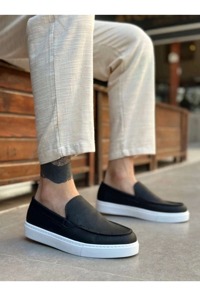 Shoecide Sb0241 Bağcıksız Yüksek Taban Siyah Beyaz Taban Cilt Erkek Ayakkabı