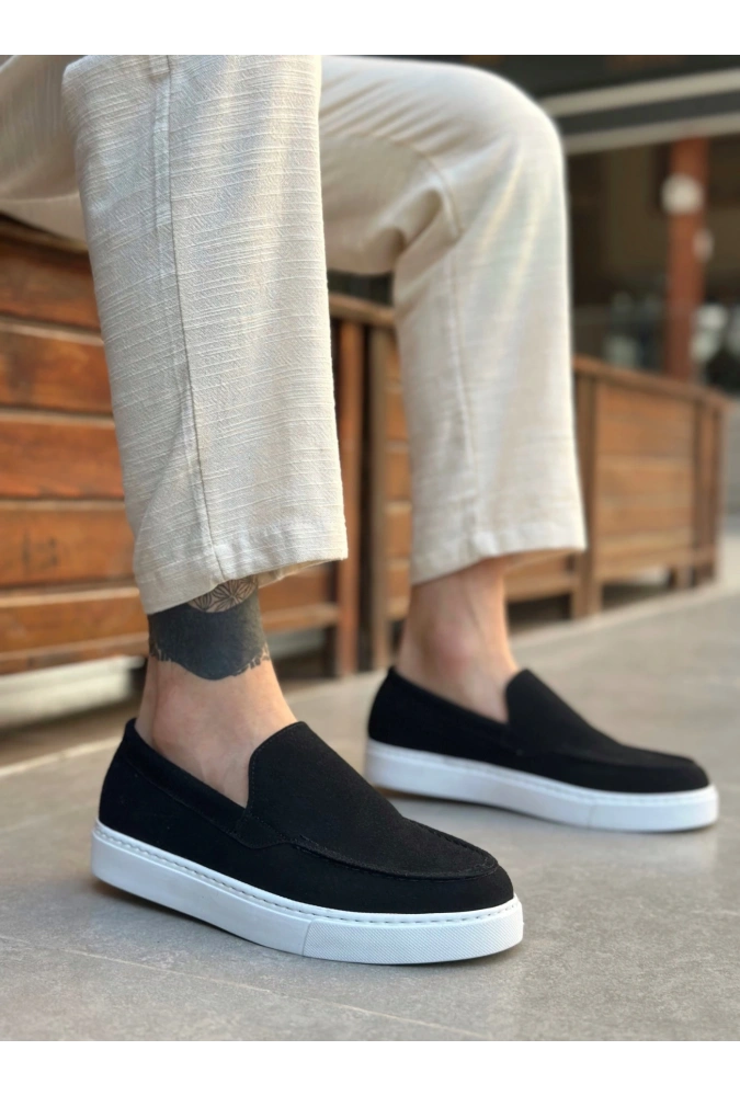 Shoecide Sb0241 Bağcıksız Yüksek Taban Siyah Süet Erkek Ayakkabı