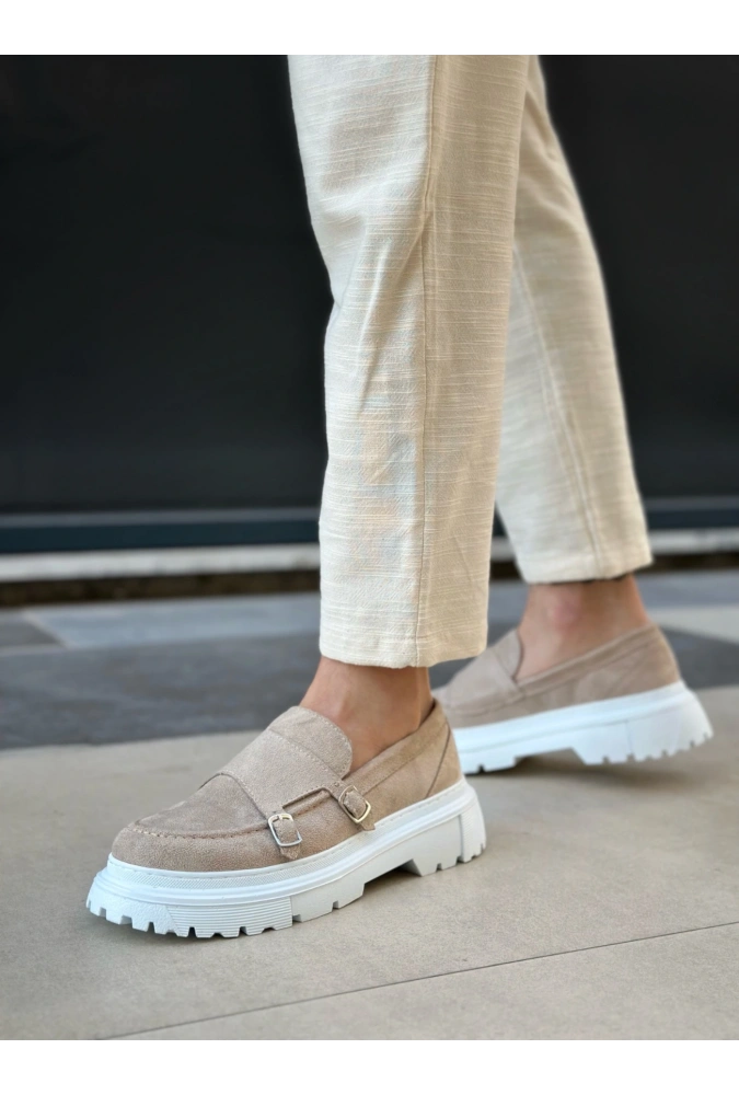 Shoecide Sb0242 Tokalı Klasik Yüksek Taban Krem Süet Erkek Ayakkabı