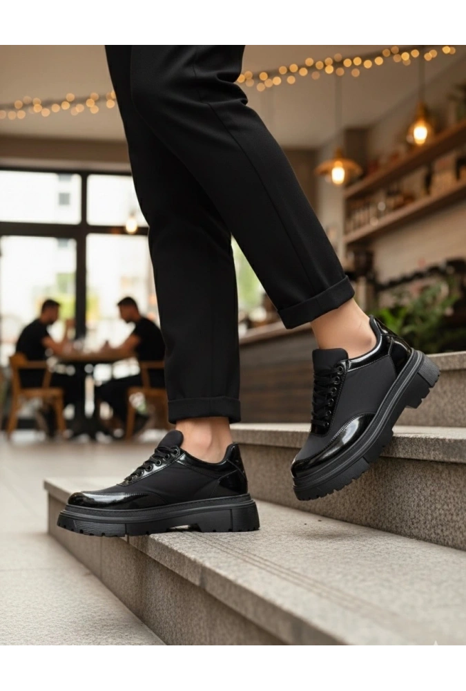 Shoecide Sb0243 Bağcıklı Rugan Paraşüt Detaylı Yüksek Siyah Taban Erkek Ayakkabı