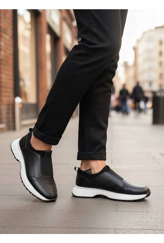 Shoecide Sb0244 İçi Dışı Hakiki Deri Bantlı Rahat Taban Casual Siyah Erkek Ayakkabı