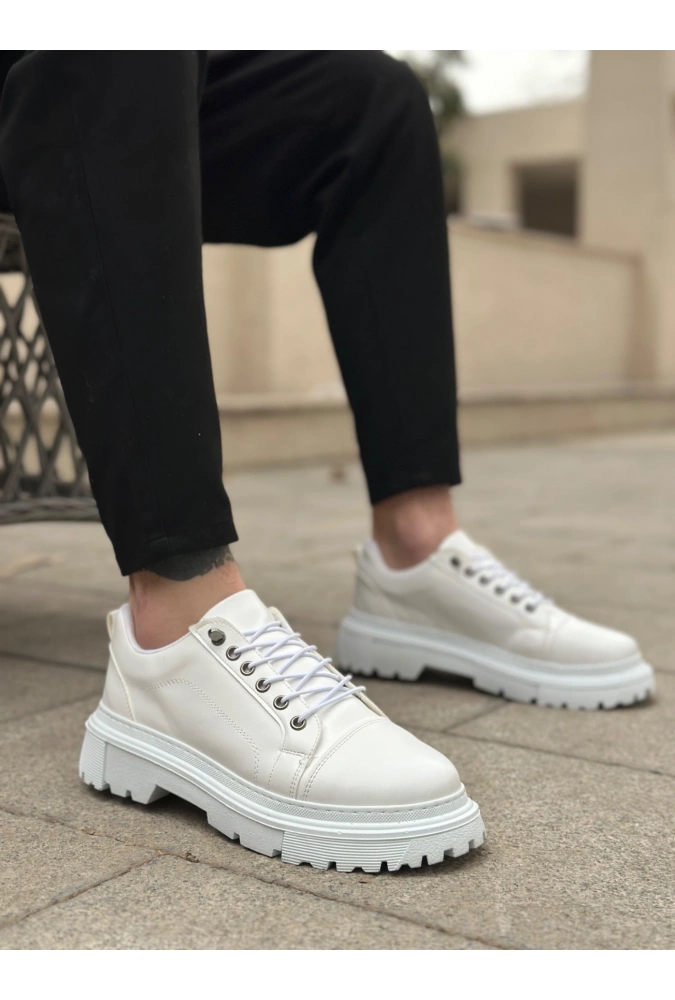 Shoecide Sb0245 Beyaz Akıllı Lastik Bağcık Yüksek Siyah Taban Günlük Erkek Ayakkabı