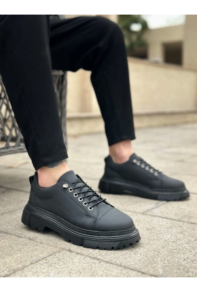 Shoecide Sb0245 Siyah Akıllı Lastik Bağcık Yüksek Siyah Taban Günlük Erkek Ayakkabı