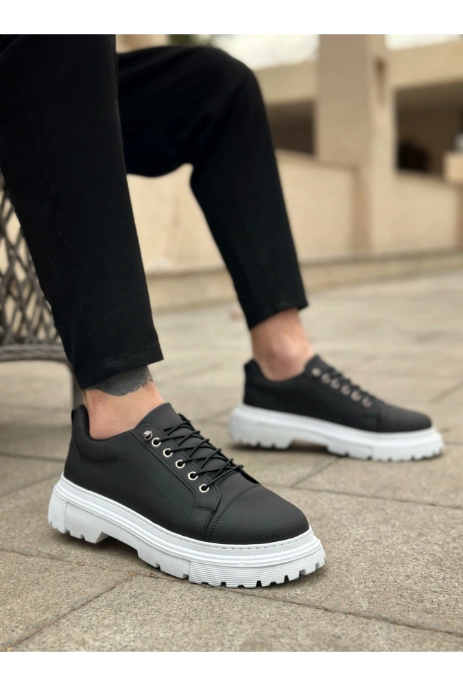 Shoecide Sb0245 Siyah Akıllı Lastik Bağcık Yüksek Taban Günlük Erkek Ayakkabı