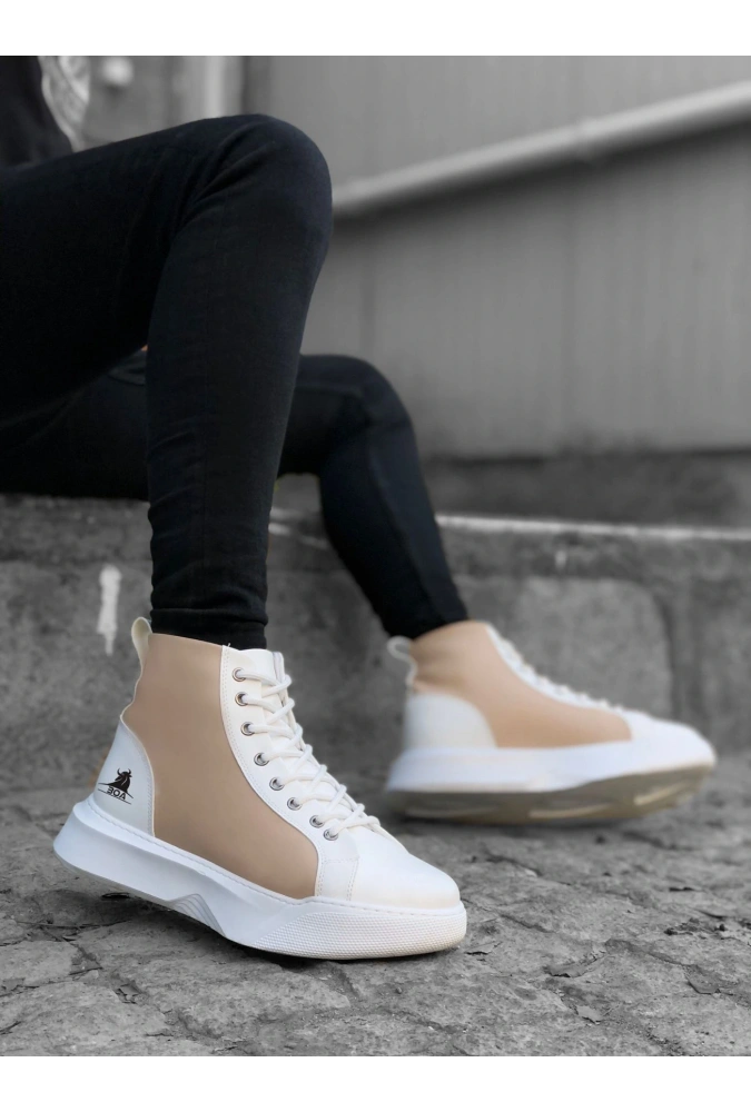 Shoecide Sb0256 Bağcıklı Erkek Yüksek Taban Beyaz Krem Taban Spor Bot
