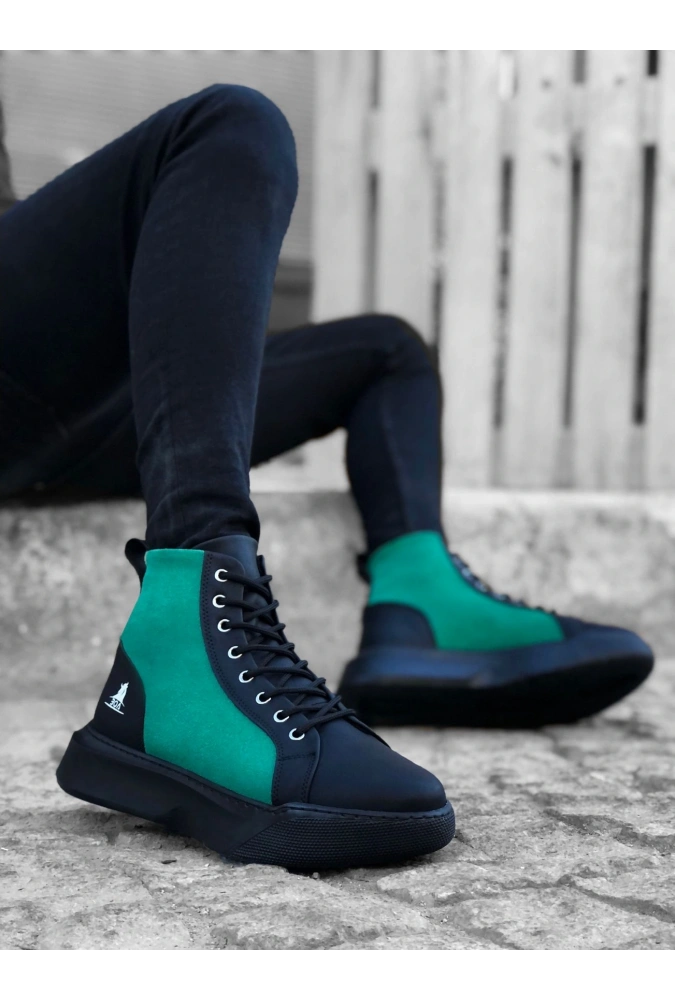 Shoecide Sb0256 Bağcıklı Erkek Yüksek Taban Siyah Yeşil Taban Spor Bot