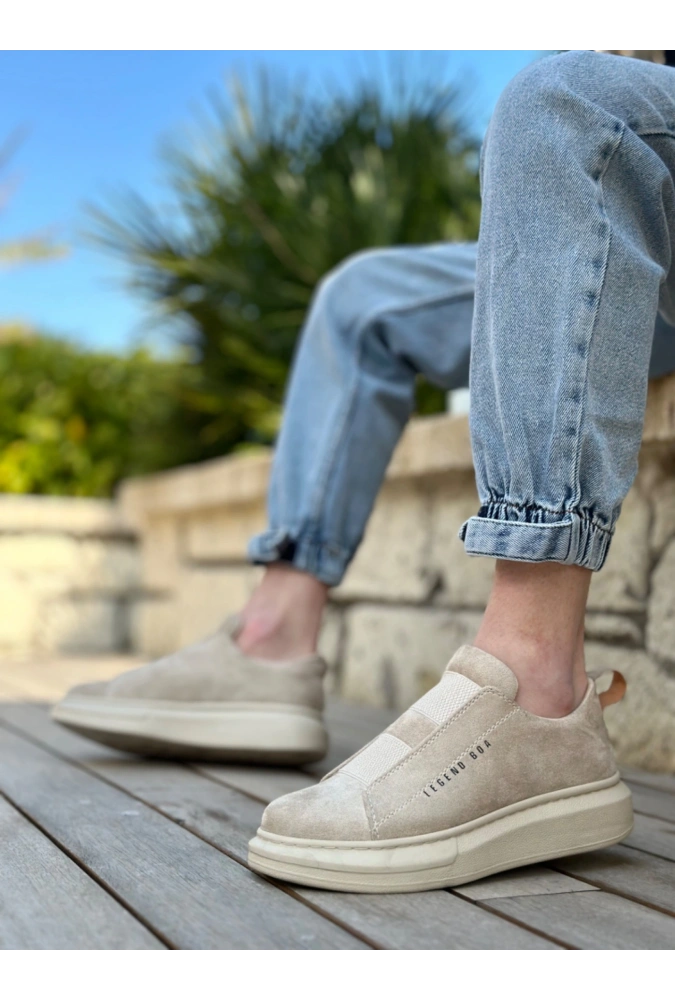 Shoecide Sb0307 Boa Kalın Süet Yüksek Taban Çift Bant Bej Erkek Ayakkabı