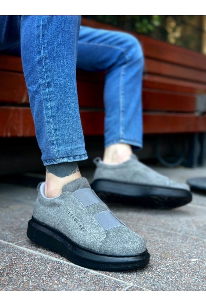 Shoecide Sb0307 Boa Kalın Süet Yüksek Taban Çift Bant Gri Siyah Erkek Ayakkabı