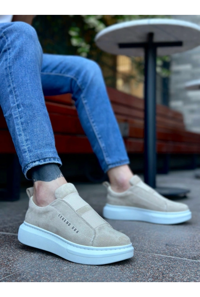 Shoecide Sb0307 Boa Kalın Süet Yüksek Taban Çift Bant Krem Erkek Ayakkabı