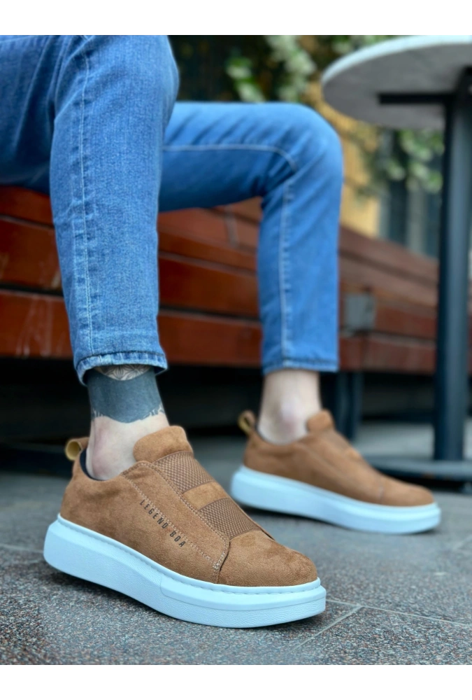 Shoecide Sb0307 Boa Kalın Süet Yüksek Taban Çift Bant Taba Beyaz Erkek Ayakkabı