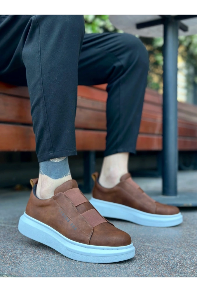 Shoecide Sb0307 Boa Kalın Yüksek Taban Çift Bant Taba Beyaz Erkek Ayakkabı