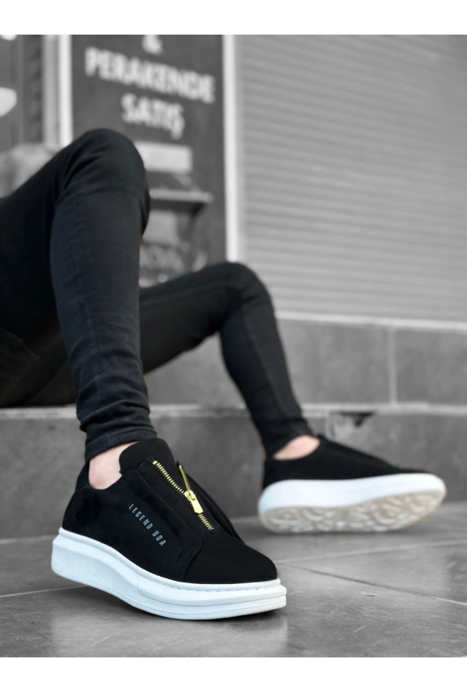 Shoecide Sb0310 Boa Kalın Süet Yüksek Taban Fermuarlı Siyah Beyaz Erkek Ayakkabı