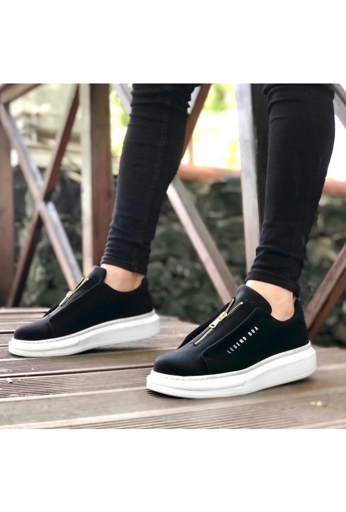 Shoecide Sb0310 Boa Kalın Yüksek Taban Fermuarlı Siyah Beyaz Erkek Ayakkabı