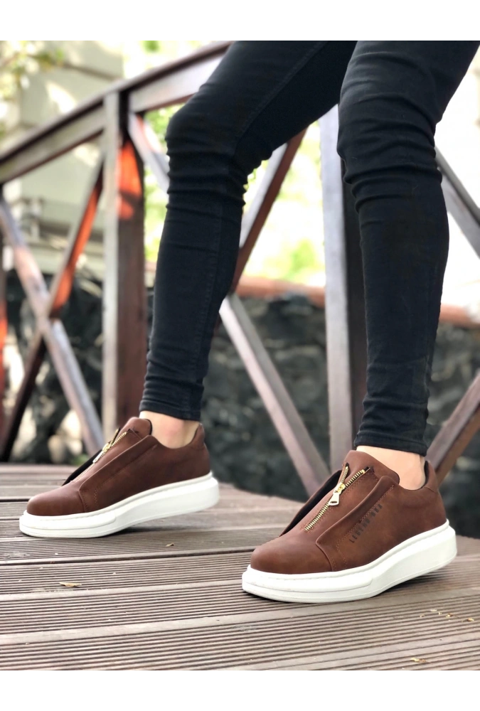 Shoecide Sb0310 Boa Kalın Yüksek Taban Fermuarlı Taba Beyaz Erkek Ayakkabı