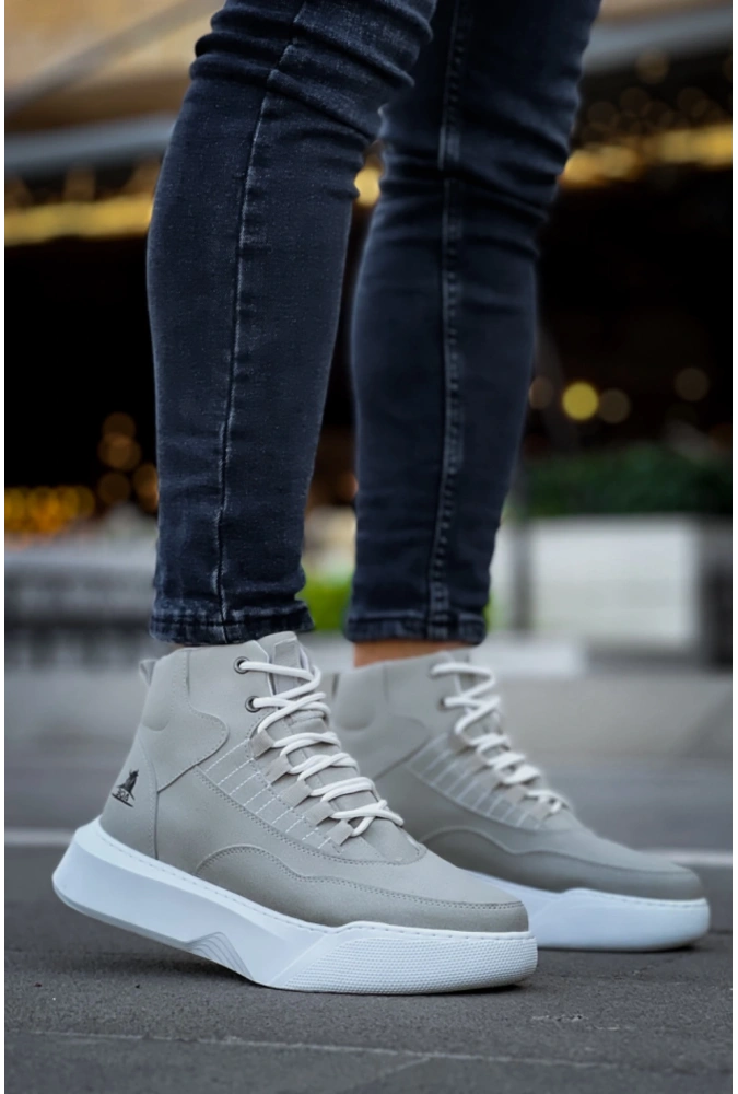Shoecide Sb0318 Bağcıklı Erkek Yüksek Taban Gri Taban Spor Bot