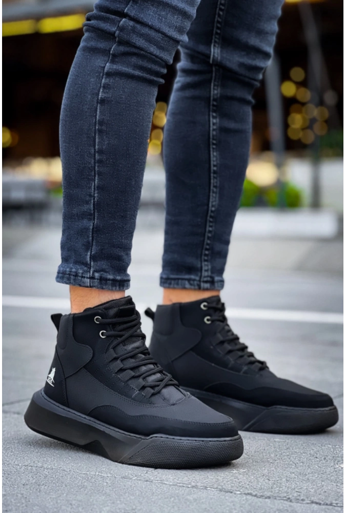 Shoecide Sb0318 Bağcıklı Erkek Yüksek Taban Siyah Taban Spor Bot