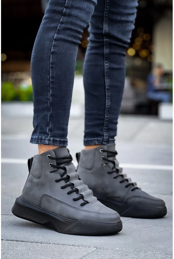 Shoecide Sb0321 Gizli Bağcıklı Erkek Yüksek Taban Füme Spor Bot