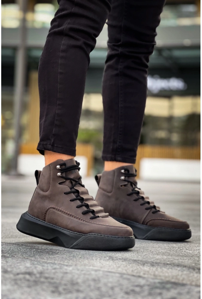 Shoecide Sb0321 Gizli Bağcıklı Erkek Yüksek Taban Kahverengi Spor Bot