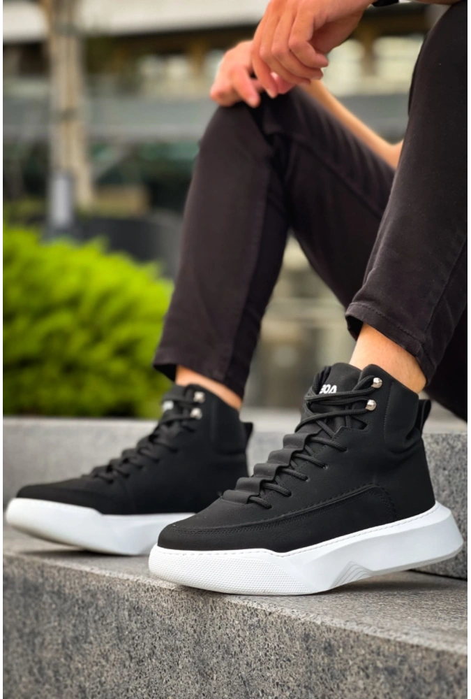 Shoecide Sb0321 Gizli Bağcıklı Erkek Yüksek Taban Siyah Beyaz Spor Bot