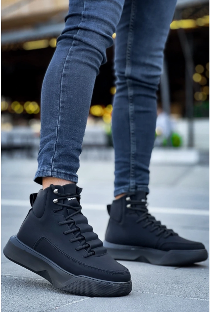 Shoecide Sb0321 Gizli Bağcıklı Erkek Yüksek Taban Siyah Spor Bot