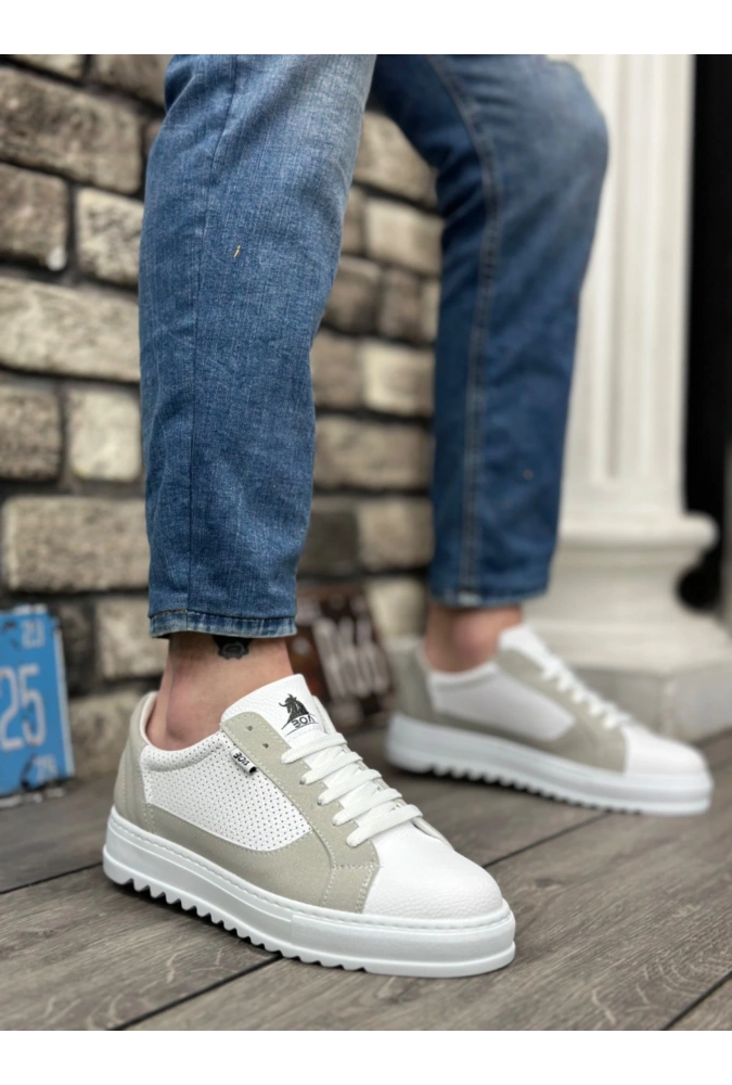 Shoecide Sb0323 Boa Kalın Tırtık Yüksek Taban Beyaz Gri Bağcıklı Spor Erkek Ayakkabı