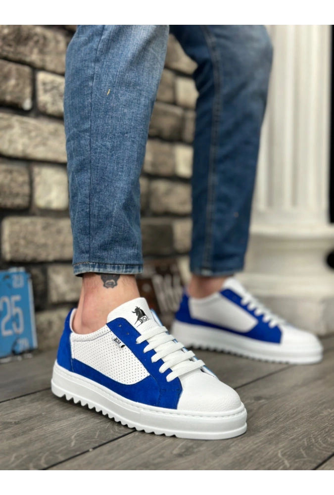 Shoecide Sb0323 Boa Kalın Tırtık Yüksek Taban Beyaz Mavi Bağcıklı Spor Erkek Ayakkabı