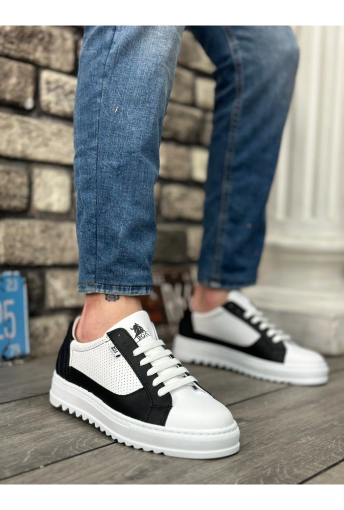 Shoecide Sb0323 Boa Kalın Tırtık Yüksek Taban Beyaz Siyah Bağcıklı Spor Erkek Ayakkabı