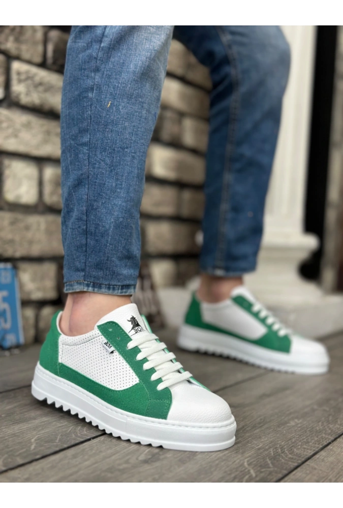 Shoecide Sb0323 Boa Kalın Tırtık Yüksek Taban Beyaz Yeşil Bağcıklı Spor Erkek Ayakkabı