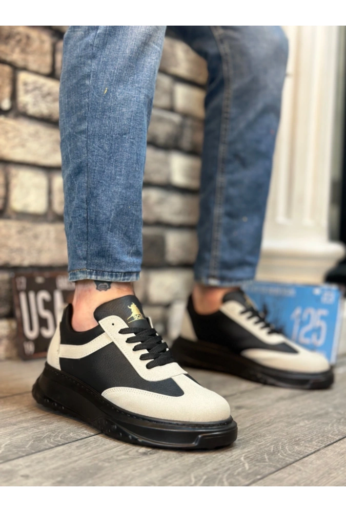 Shoecide Sb0327 Boa Gri Siyah Kalın Yüksek Taban Bağcıklı Spor Erkek Ayakkabı