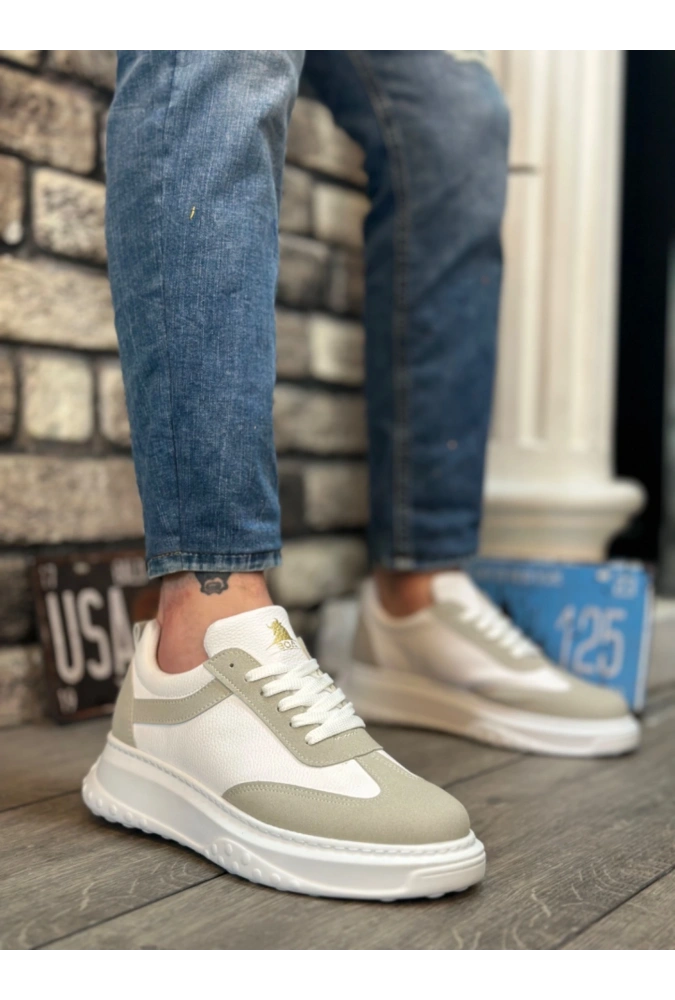 Shoecide Sb0327 Boa Kalın Yüksek Taban Beyaz Gri Bağcıklı Spor Erkek Ayakkabı
