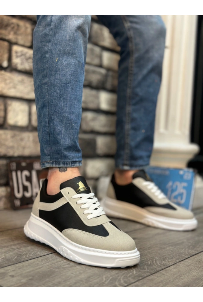 Shoecide Sb0327 Boa Kalın Yüksek Taban Gri Siyah Bağcıklı Spor Erkek Ayakkabı