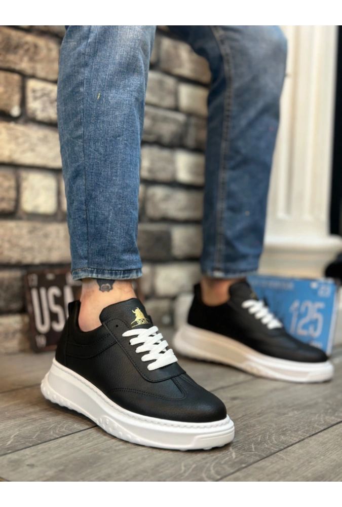 Shoecide Sb0327 Boa Kalın Yüksek Taban Siyah  Bağcıklı Spor Erkek Ayakkabı